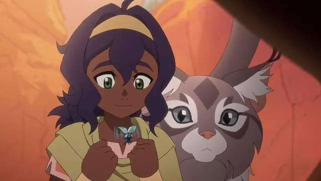Episode 101 press still: Pavi (Saheli Khan) holding a tiny glowing insect beside Geet (Dee Bradley Baker)