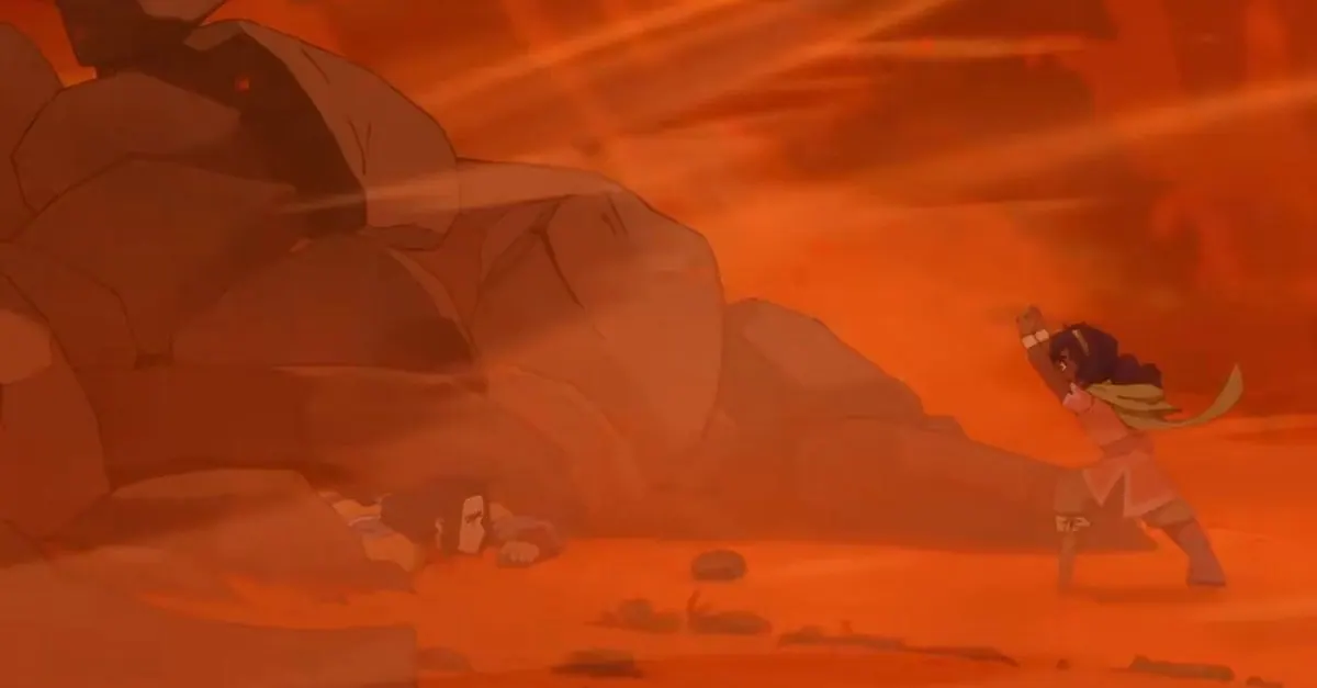 Episode 101 frame: Pavi earthbending to free Jae from rubble in an orange dust storm