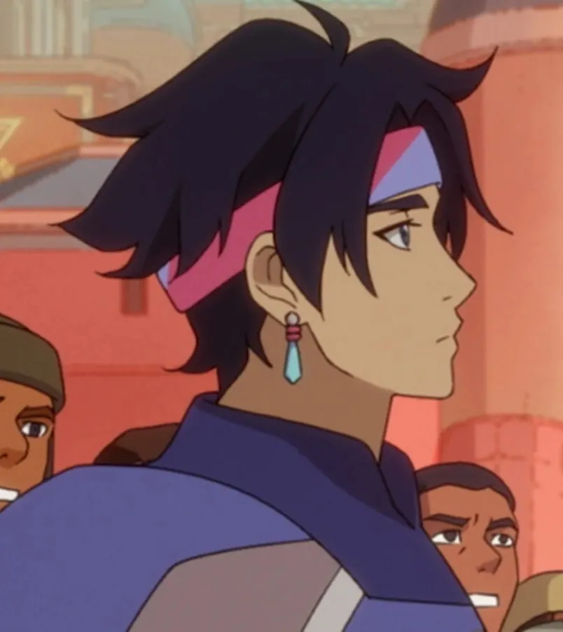 Daemin (Darren Barnet), a member of Jae's guard platoon, in profile with a headband and earring