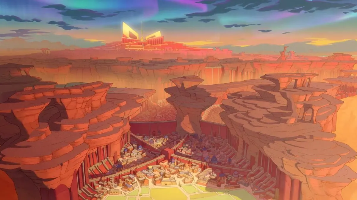 Wide establishing shot of the haven city of Ellora built into a red desert canyon under an aurora