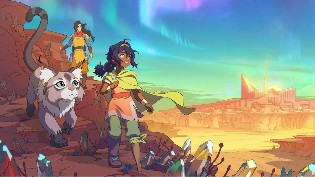 Official first-look image revealed at SDCC 2025 (July 24, 2025): Pavi with cat-monkey Geet and airbender mentor Jae on a crystal-strewn ridge, the city of Ellora and aurora behind them