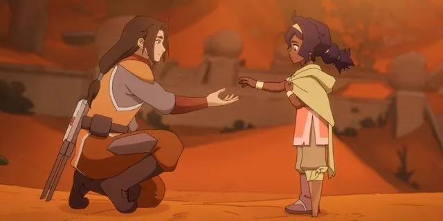 Jae kneels and reaches out a hand to young Pavi in the desert outside Ellora
