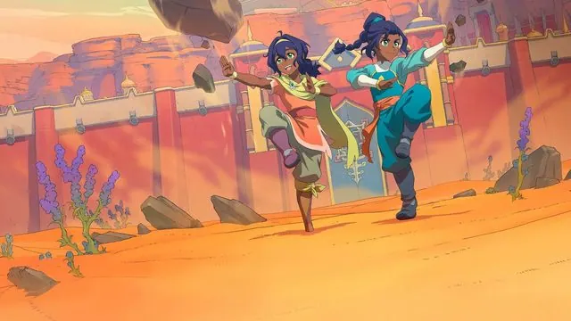 Promotional art of twins Pavi and Nisha in earthbending stances, boulders floating, outside Ellora's red city wall in the desert