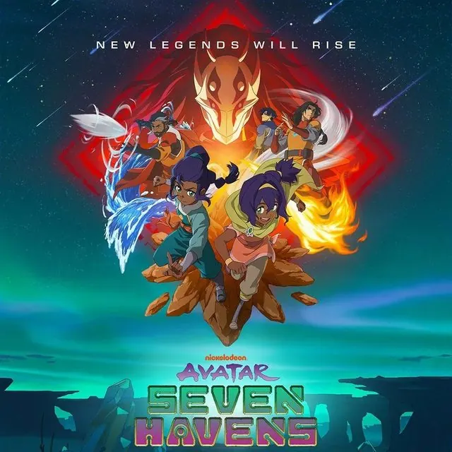 Square crop of the official Book 1 key art (Paramount+ Australia release): twins bending elements under the red diamond spirit, with the series logo