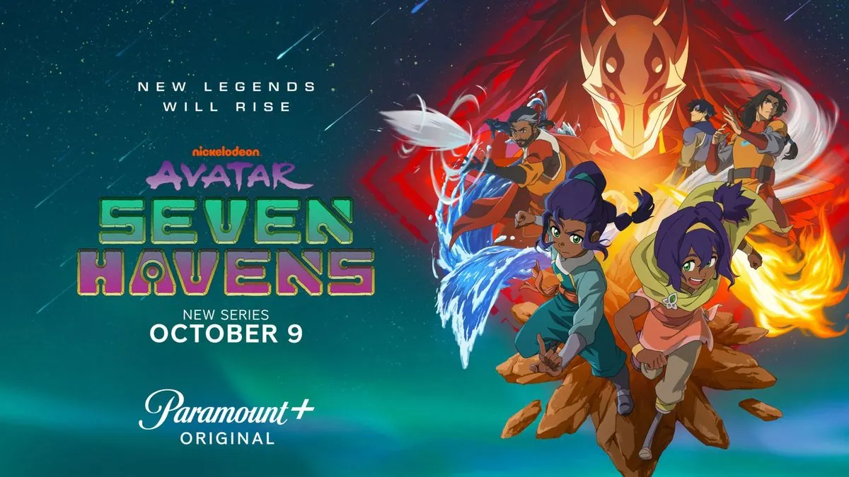 Official Book 1 horizontal key art: Pavi and Nisha bending fire, water and earth below a red diamond spirit, with Karthik and Jae; tagline 'New Legends Will Rise', series logo, 'New Series October 9', Paramount+ Original
