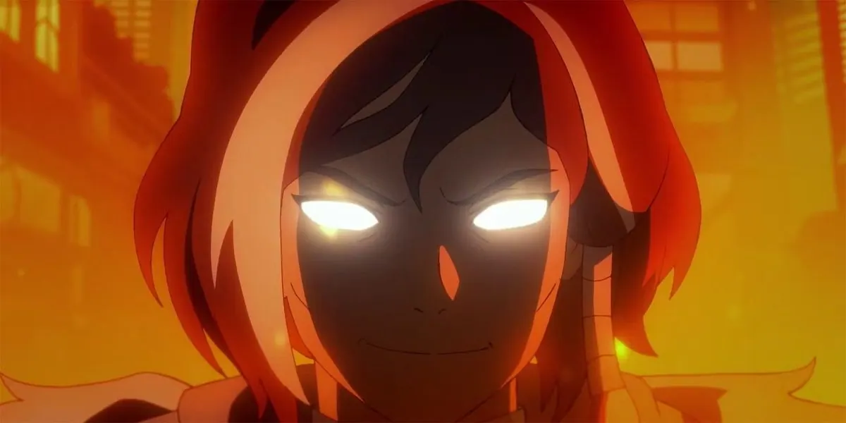 Korra with glowing Avatar State eyes, silhouetted against fire, as she appears in Avatar: Seven Havens