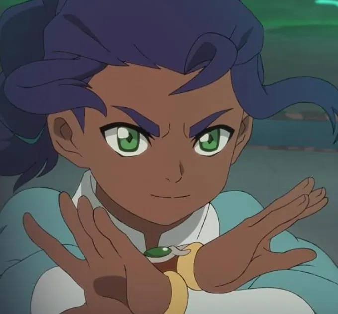 Close-up of Nisha (Aishu Devan), Pavi's twin, crossing her hands in a bending stance; cropped to remove a third-party dark gradient overlay