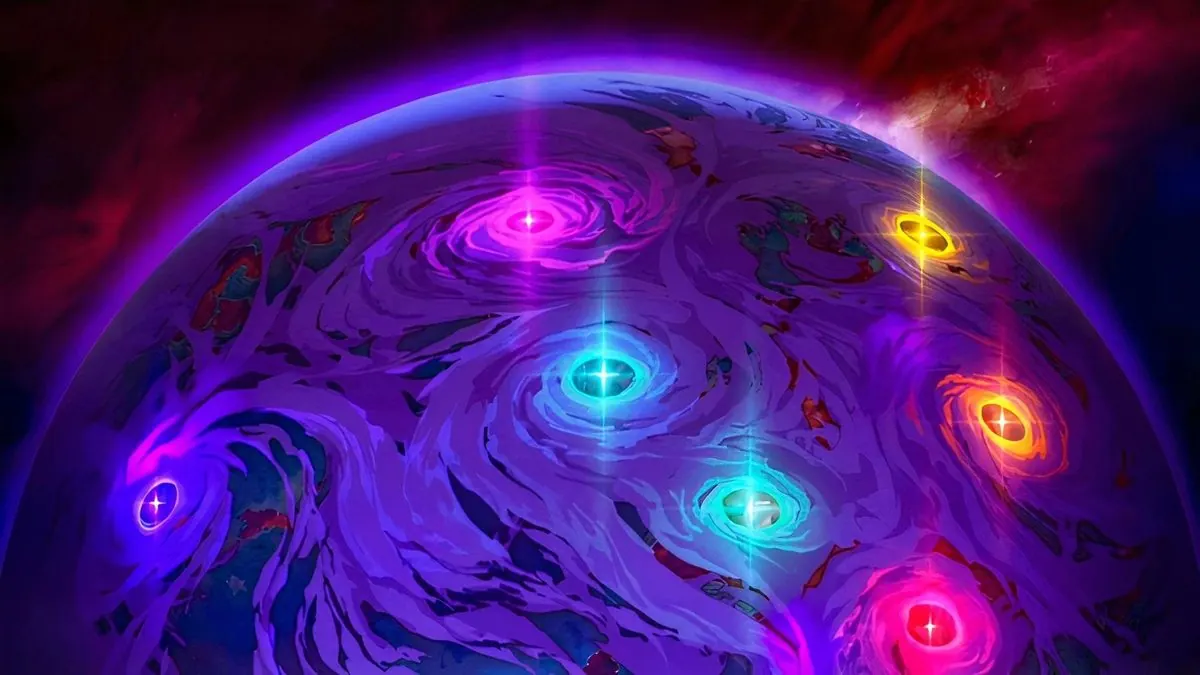 Opening-sequence frame: the planet seen from space with the seven glowing havens marked across a purple, storm-swept surface