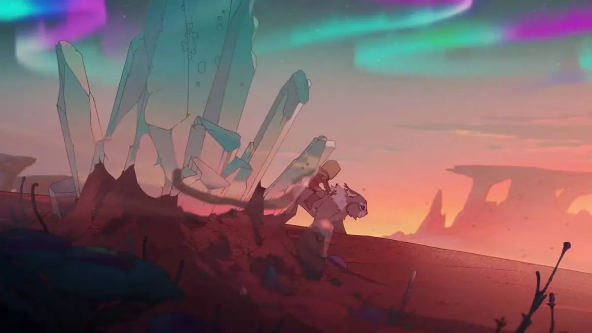 Hooded Pavi riding Geet past giant crystal formations in the wasteland at dusk, aurora overhead