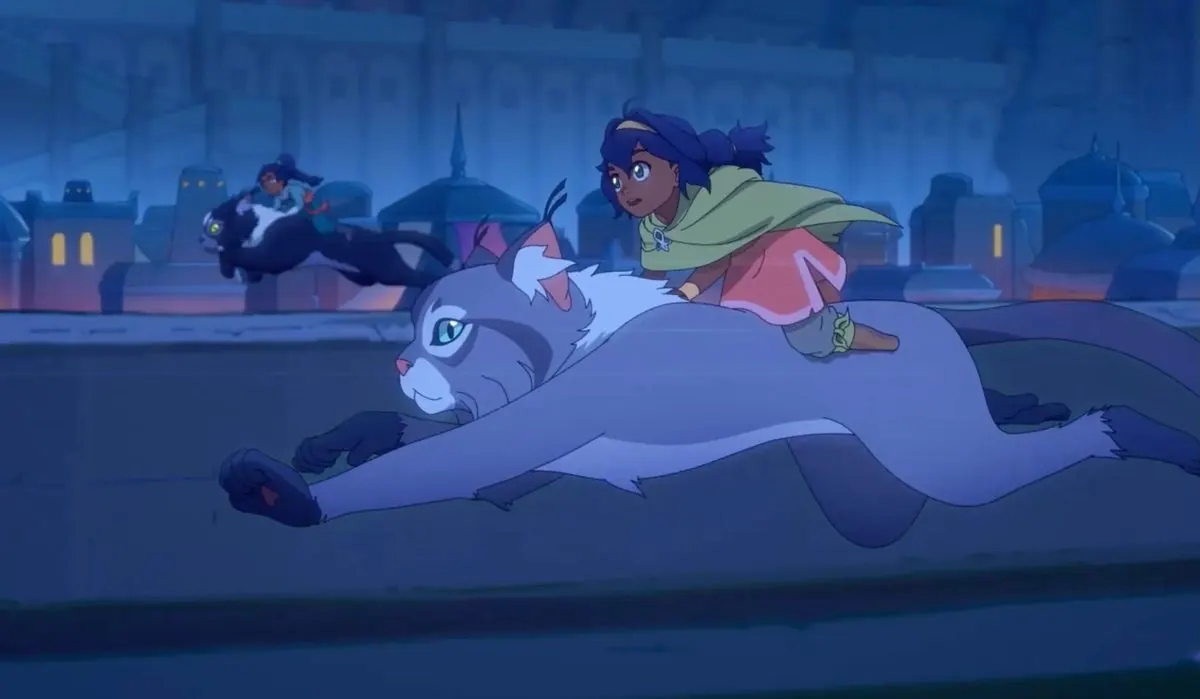 Nisha and Pavi riding cat-monkeys Ruhi and Geet across the rooftops of Ellora at night