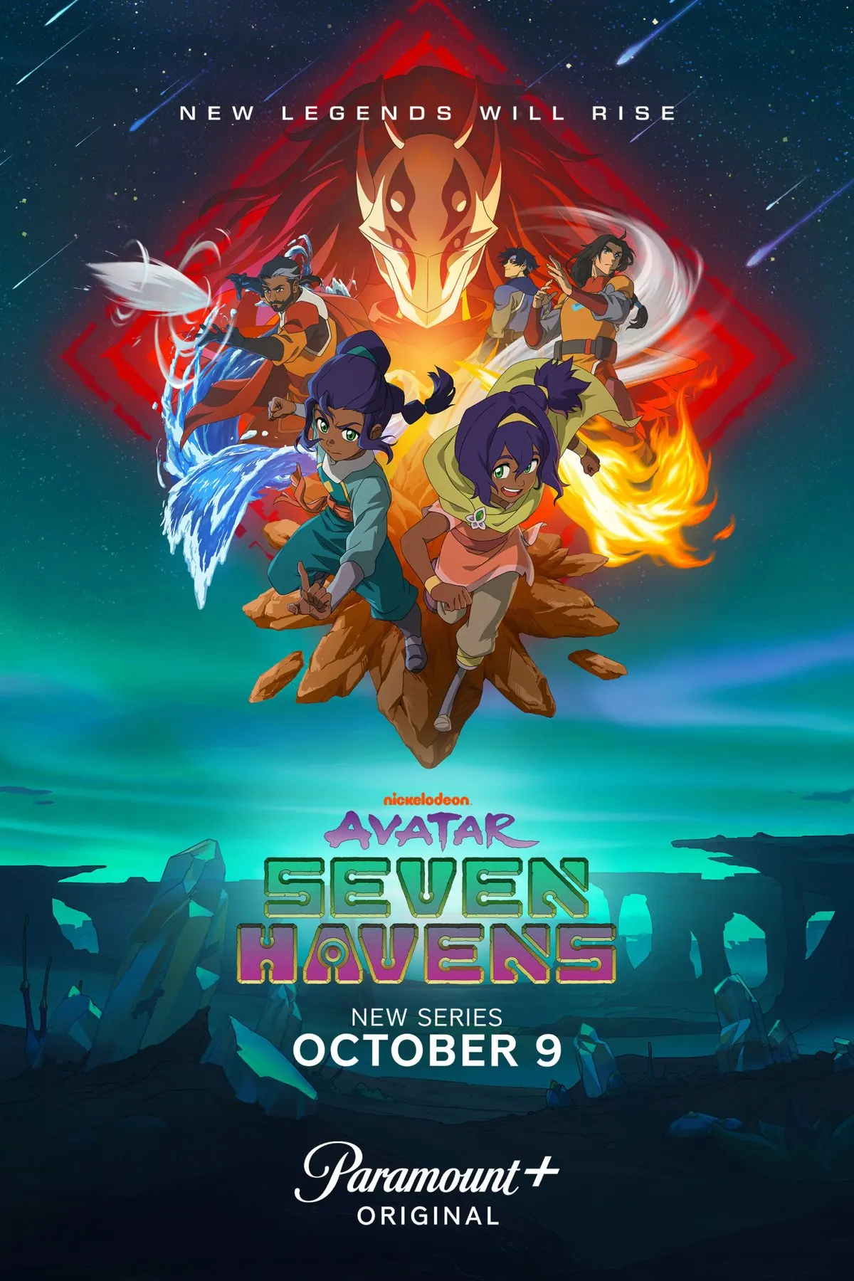 Official Book 1 portrait poster featuring Karthik, Nisha, Pavi and Jae, tagline 'New Legends Will Rise', logo, 'New Series October 9', Paramount+ Original