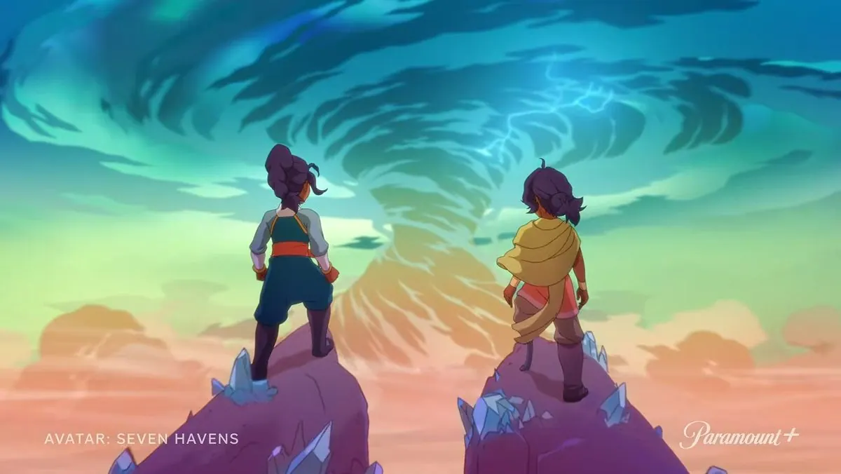 Paramount+-branded promo art: Pavi and Nisha, seen from behind, standing on crystal rock pillars facing a swirling storm vortex; small 'Avatar: Seven Havens' text and Paramount+ logo