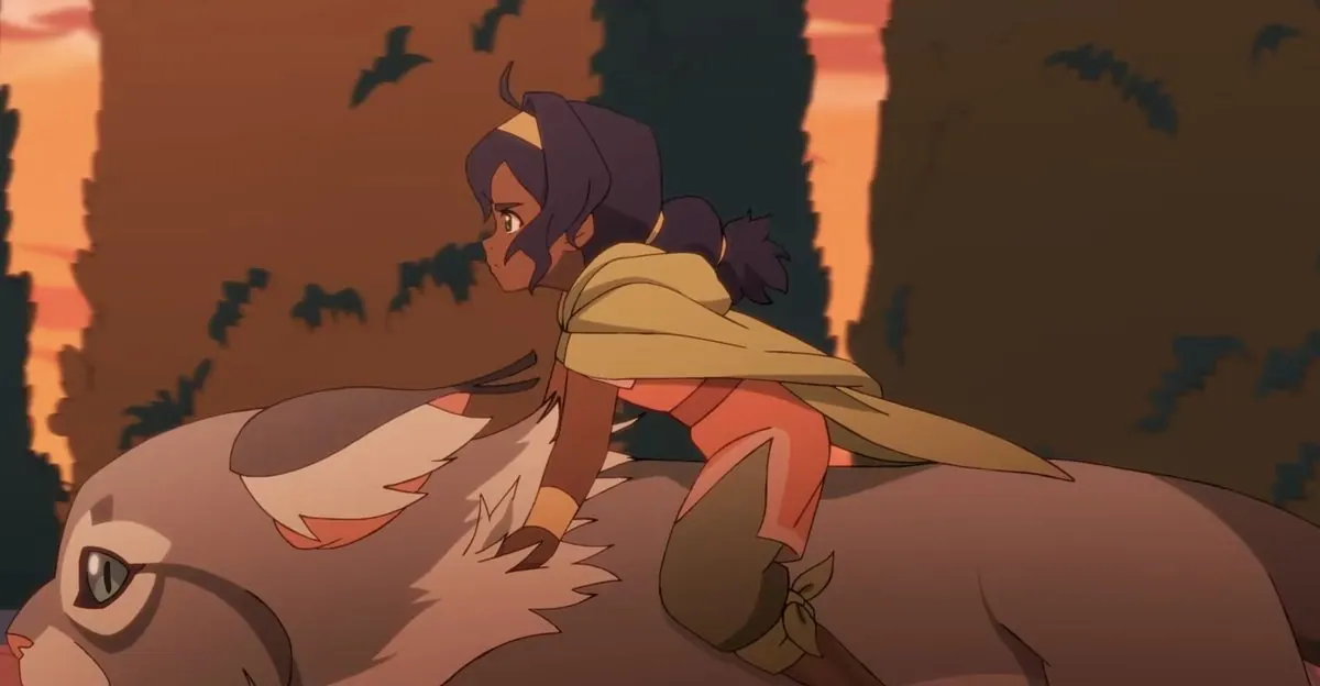 SDCC 2026 teaser frame: Pavi riding Geet at speed through a sunset canyon