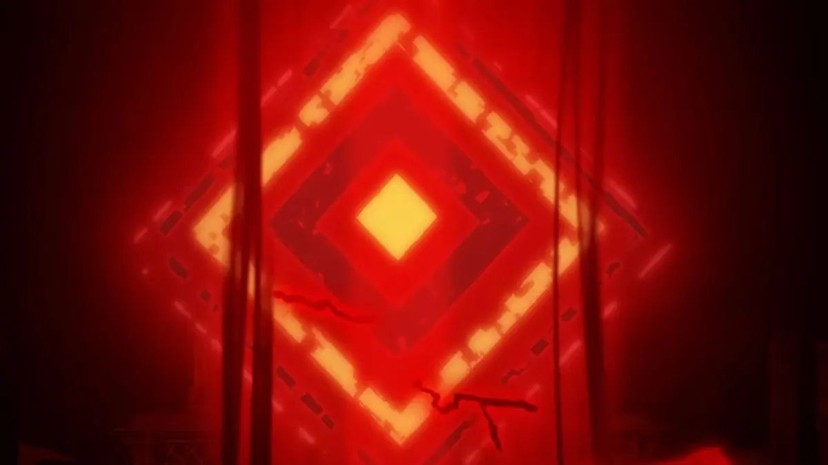 SDCC 2026 teaser closing frame: a red-and-black diamond of light with a yellow eye-like center, read as a Vaatu tease