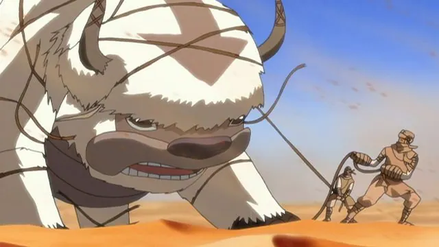 Episode still, 'Appa's Lost Days' (Book Two): Appa straining against captors' ropes in the desert
