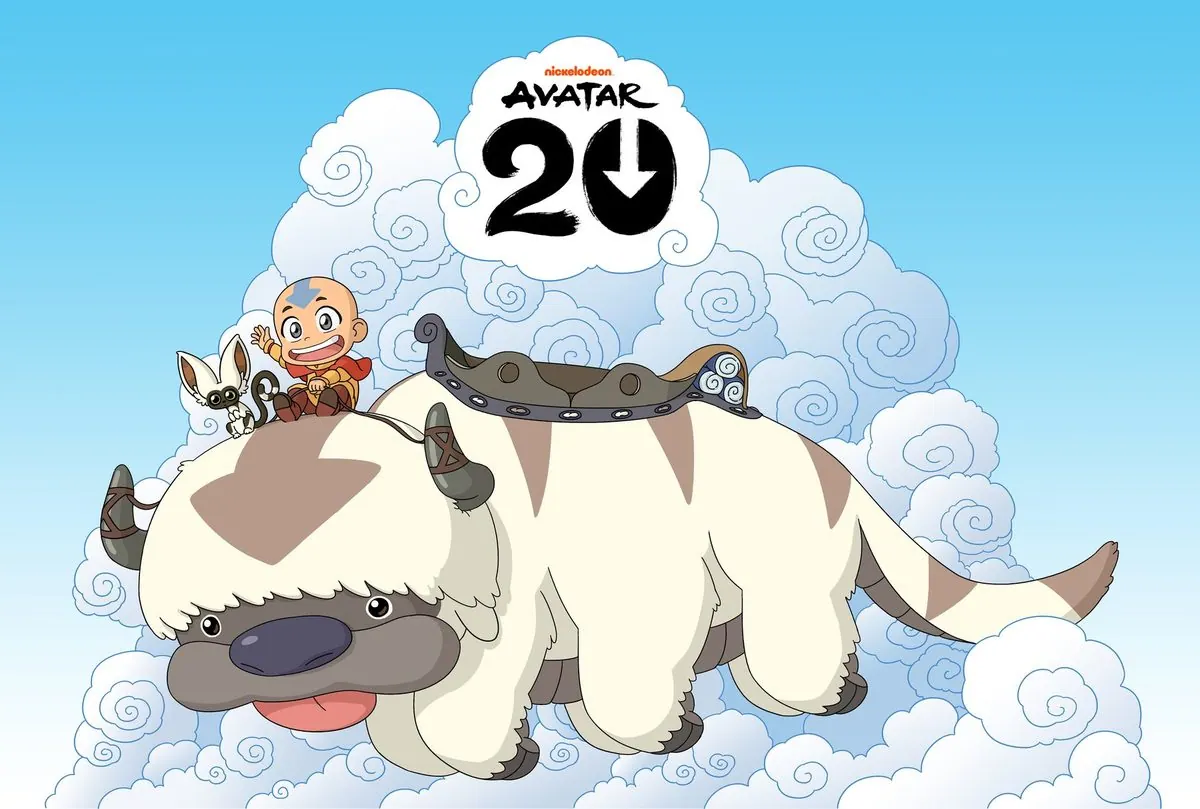Official 'Avatar 20' anniversary art: Aang and Momo riding Appa through stylized clouds under the Nickelodeon Avatar 20 logo (20th anniversary party flyer)