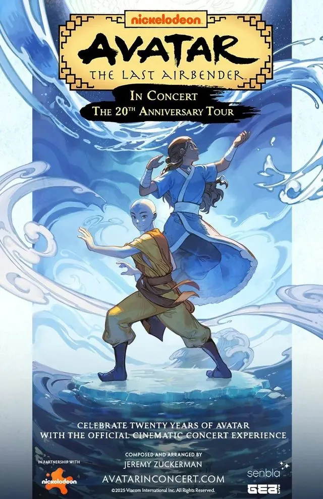 Avatar: The Last Airbender in Concert - The 20th Anniversary Tour poster: Aang and Katara waterbending in swirling water