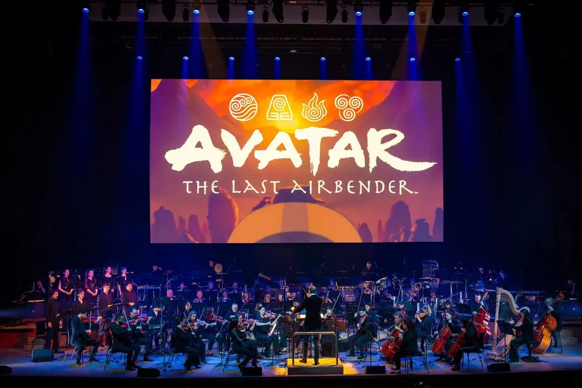 Avatar: The Last Airbender in Concert world premiere at Royal Festival Hall, London: full orchestra under a screen showing the series logo