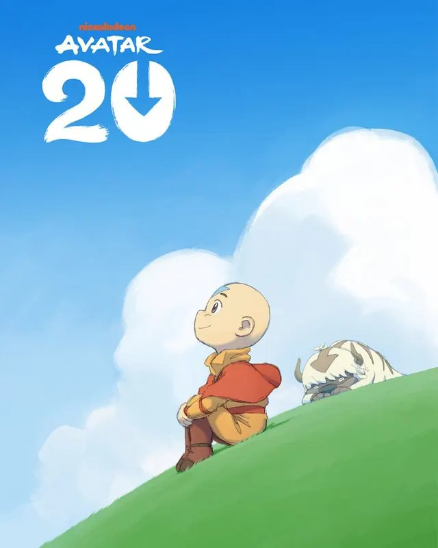 SDCC 2025 Avatar 20 poster: Aang sitting on a grassy hill beside a resting Appa under a blue sky with the Avatar 20 logo