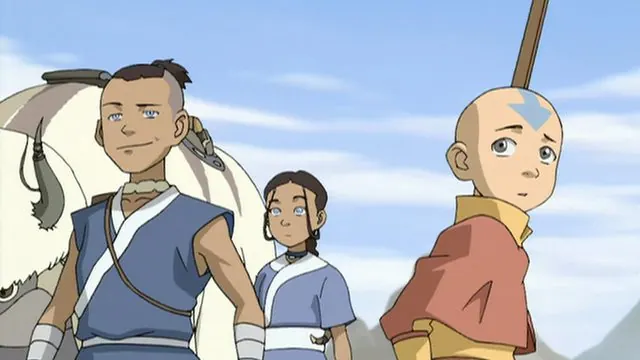 Episode still, 'The Avatar State' (Book Two premiere): Sokka, Katara and Aang standing together with Appa