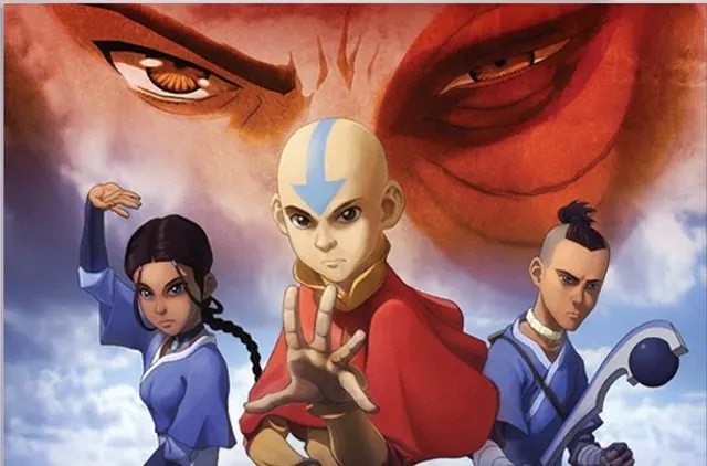 Book One: Water key art (cropped above title block): Katara, Aang and Sokka in fighting stances beneath Zuko's looming eyes