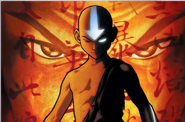 Book Three: Fire key art (cropped above title block): shirtless Aang with glowing arrow before giant glaring eyes on a red, calligraphy-covered background