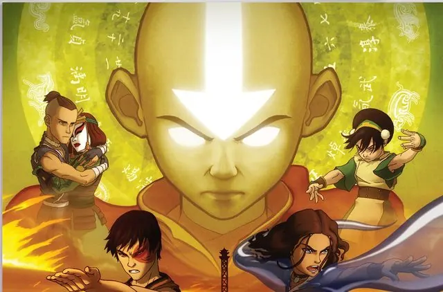 Book Two: Earth key art (cropped above title block): giant Avatar State Aang with Sokka and Suki, Toph, Zuko and Katara