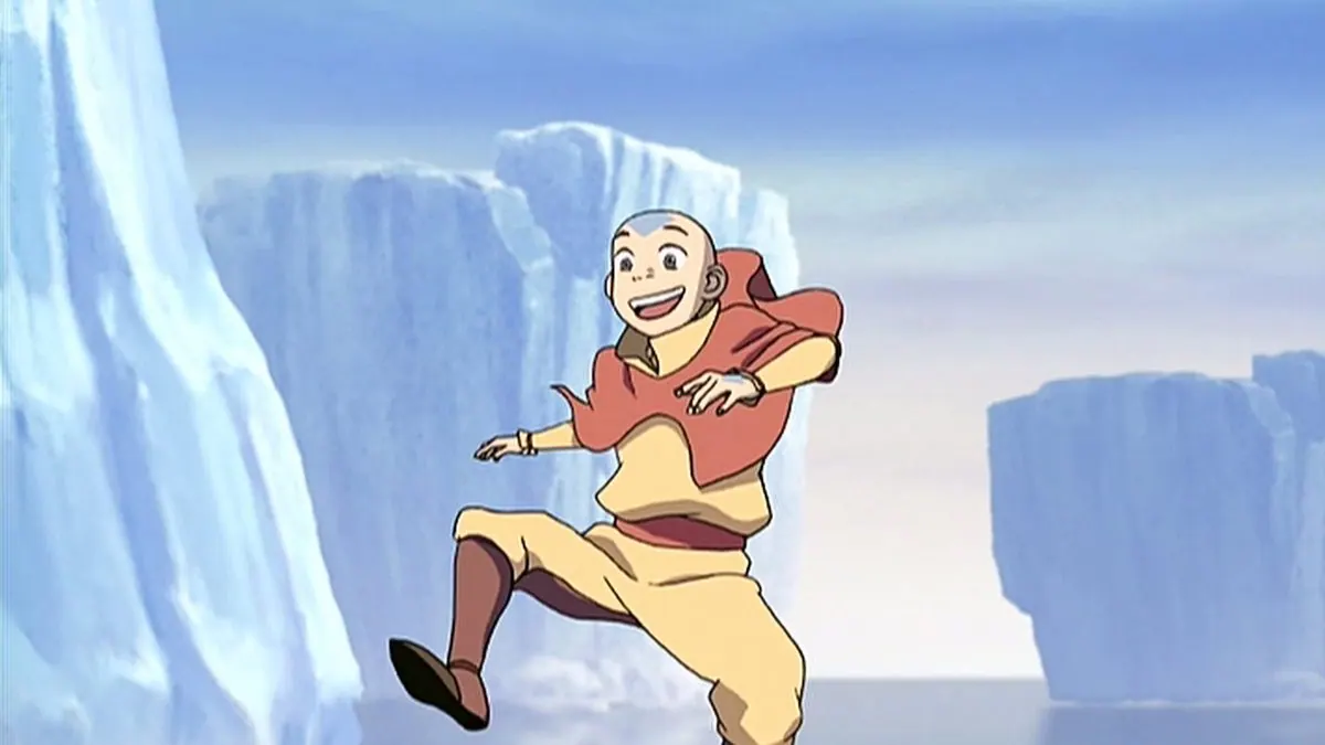 Episode still, 'The Boy in the Iceberg' (Book One, Ep. 1): Aang leaping happily among icebergs