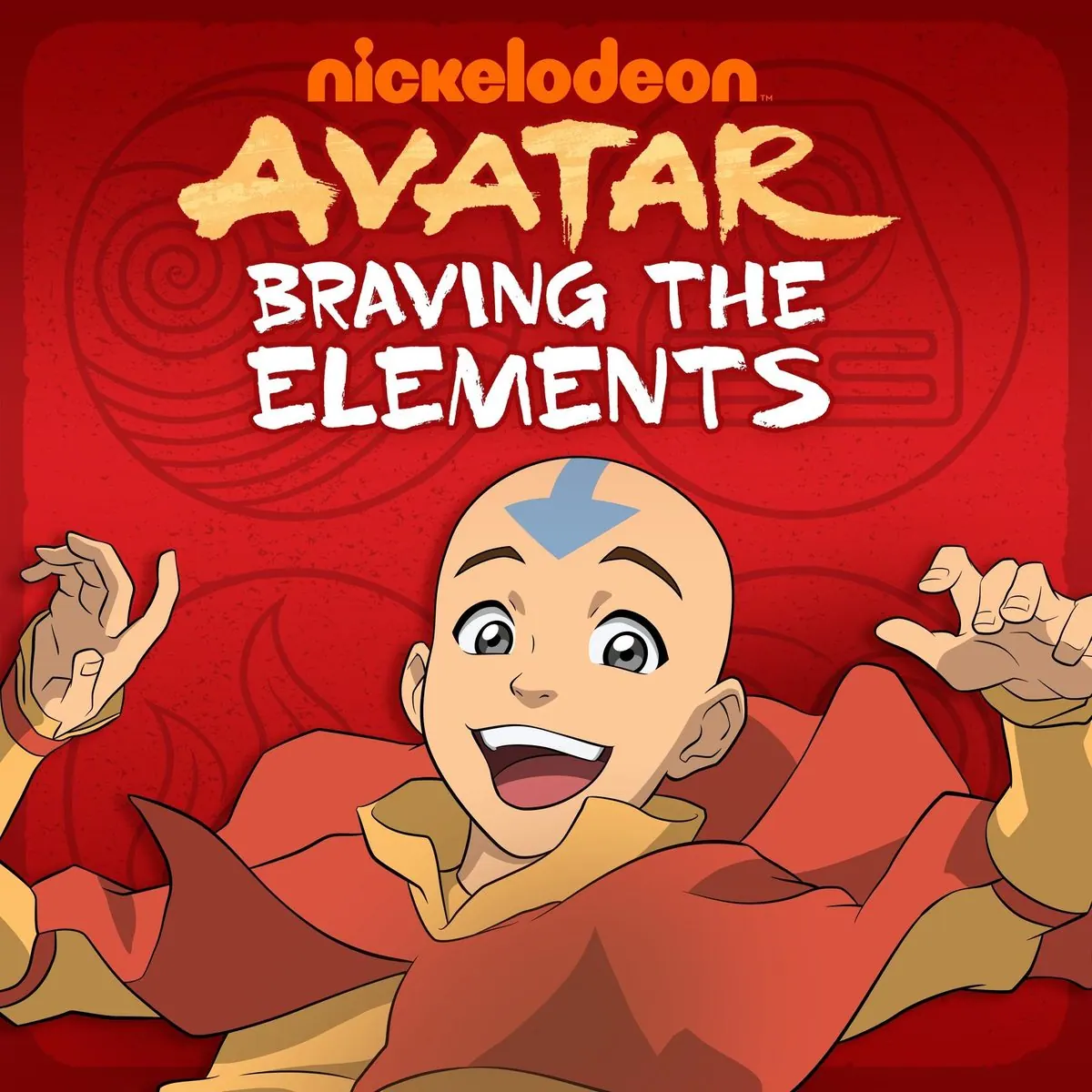 Avatar: Braving the Elements official podcast cover art: laughing Aang on a red Fire Nation background with the show title