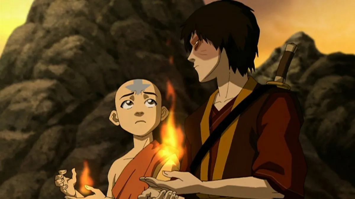 Episode still, 'The Firebending Masters' (Book Three): Aang and Zuko each holding a small flame at sunset