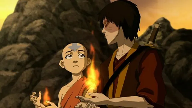 Episode still, 'The Firebending Masters' (Book Three): Aang and Zuko each holding a small flame at sunset
