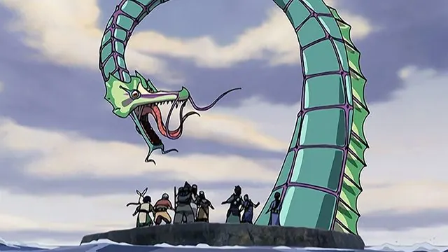 Episode still, 'The Serpent's Pass' (Book Two): the giant sea serpent rearing over the group on a narrow rock path