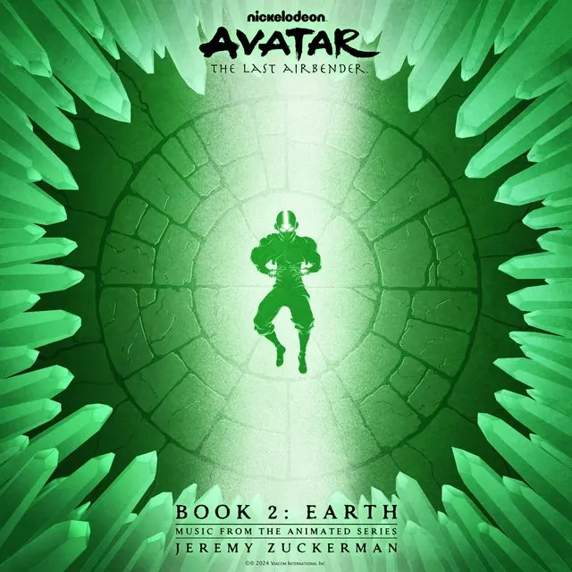 Book 2: Earth soundtrack album cover by Jeremy Zuckerman: Aang silhouette in a green crystal earth ring