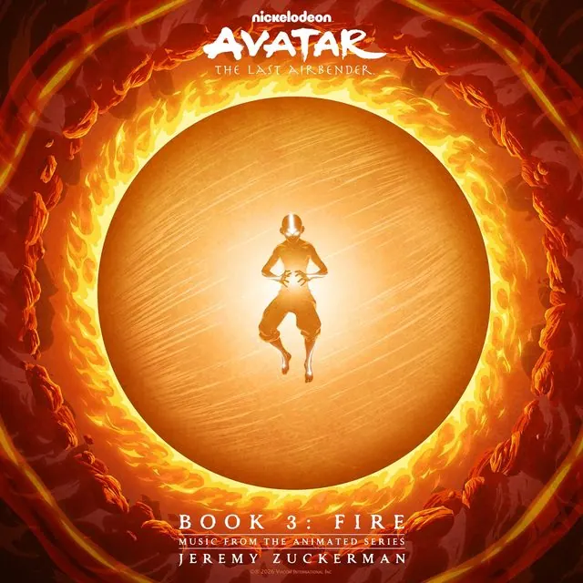 Book 3: Fire (Music from the Animated Series) album cover by Jeremy Zuckerman: Aang silhouette inside a blazing fire sphere