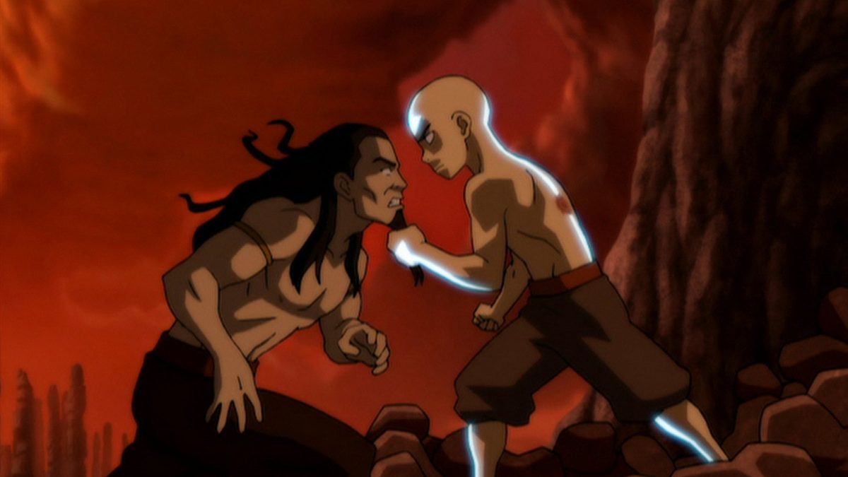 Episode still, 'Sozin's Comet' (series finale): Aang with glowing tattoos facing Fire Lord Ozai on a red rock spire