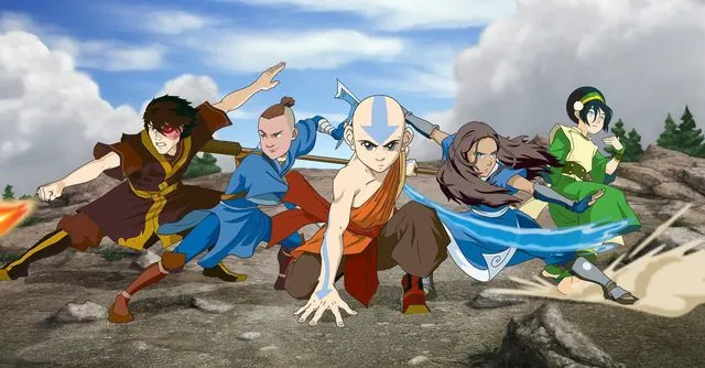 Team Avatar action key art: Zuko, Sokka, Aang, Katara and Toph bending side by side on a rocky ridge
