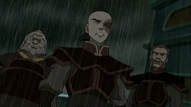 Episode still, 'The Storm' (Book One): Zuko flanked by Uncle Iroh and Lieutenant Jee in the pouring rain on deck