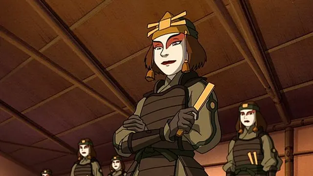 Episode still, 'The Warriors of Kyoshi' (Book One): Suki in Kyoshi Warrior makeup and armor with her warriors in the dojo