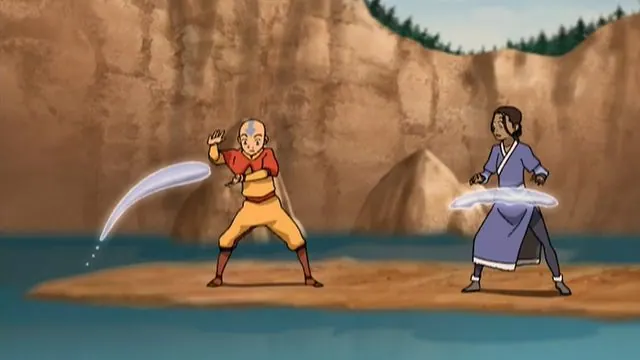 Episode still, 'The Waterbending Scroll' (Book One): Aang and Katara practicing waterbending by a river below cliffs