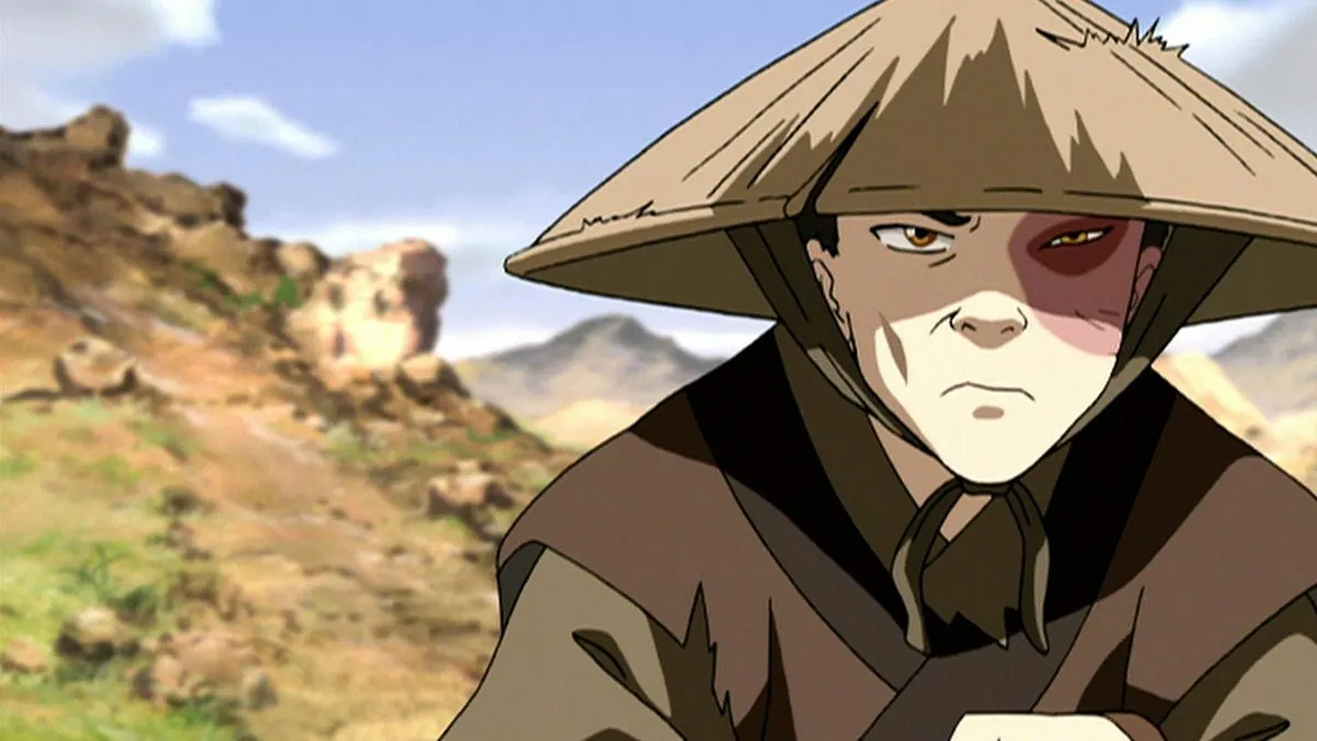 Episode still, 'Zuko Alone' (Book Two): Zuko wandering the Earth Kingdom in a straw hat