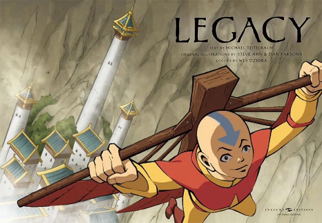Interior title spread of Avatar: The Last Airbender: Legacy, with Aang swinging his glider staff; wide