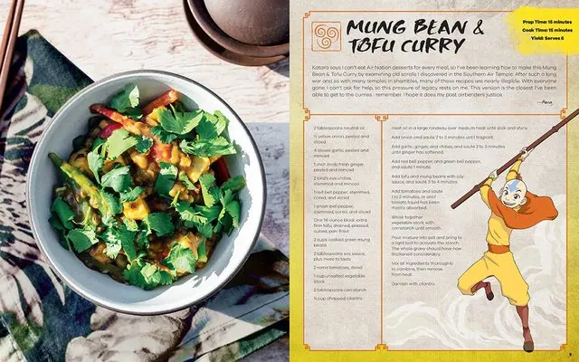 Interior recipe spread from The Official Cookbook: Mung Bean and Tofu Curry photo with an illustrated Aang; wide