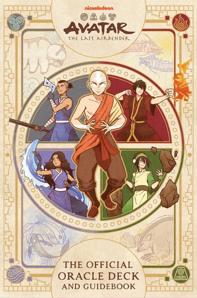 Cover of Avatar: The Last Airbender: The Official Oracle Deck and Guidebook: Aang and Team Avatar in an ornate circular frame