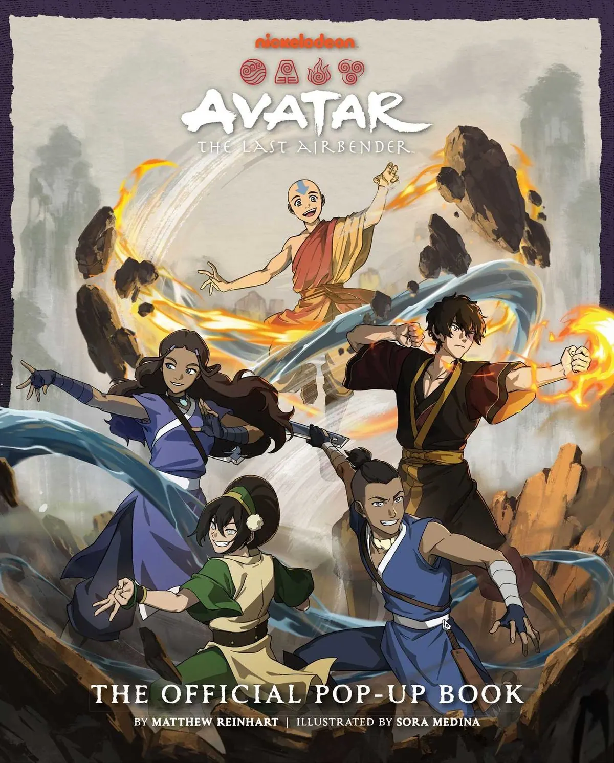 Cover of Avatar: The Last Airbender: The Official Pop-Up Book (Matthew Reinhart): Aang, Zuko, Katara, Toph and Sokka in battle