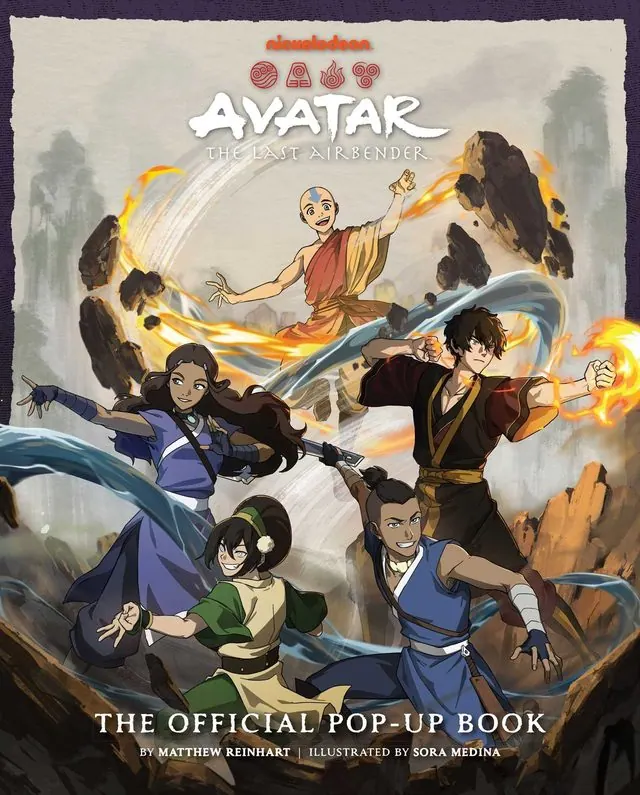 Cover of Avatar: The Last Airbender: The Official Pop-Up Book (Matthew Reinhart): Aang, Zuko, Katara, Toph and Sokka in battle