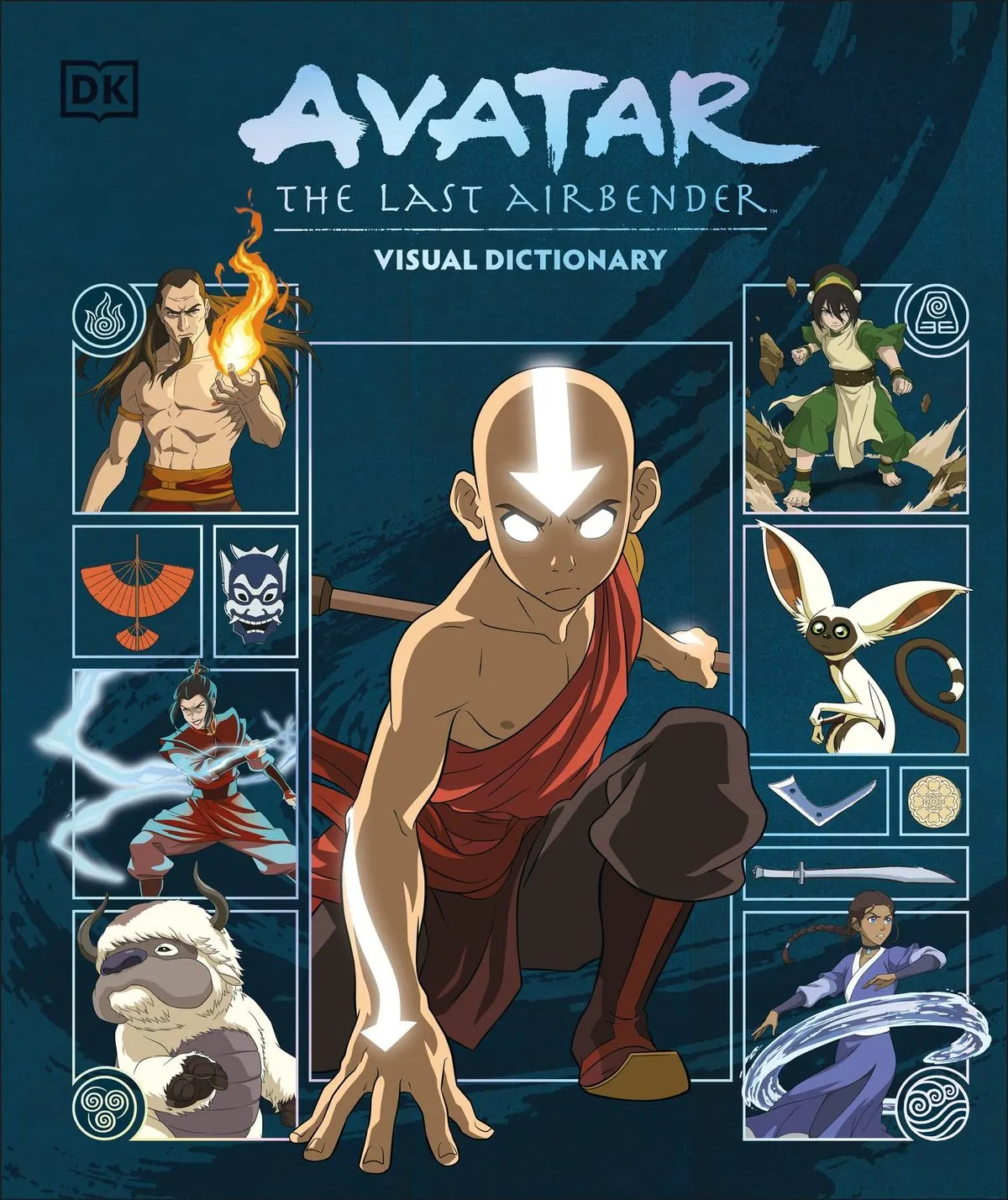 Cover of DK's Avatar: The Last Airbender Visual Dictionary: Aang in the Avatar State framed by panels of Zuko, Toph, Momo, Appa, Azula and Katara