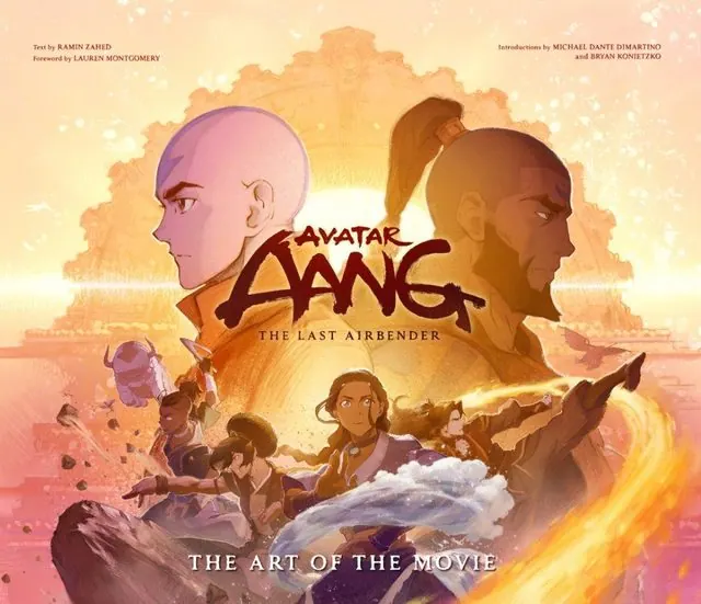 Cover of Avatar Aang: The Last Airbender: The Art of the Movie (art book): adult Aang and Katara over a sunset sky with Team Avatar on Appa, landscape format