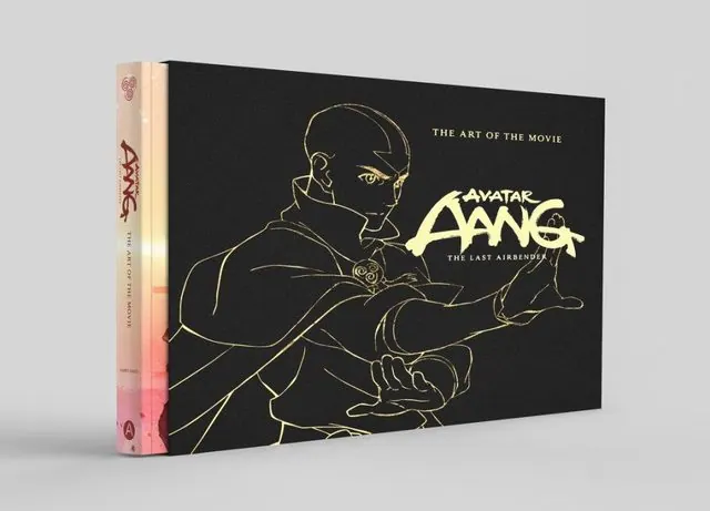 Product shot of the Deluxe Edition of Avatar Aang: The Last Airbender: The Art of the Movie, black slipcase with gold line art of Aang