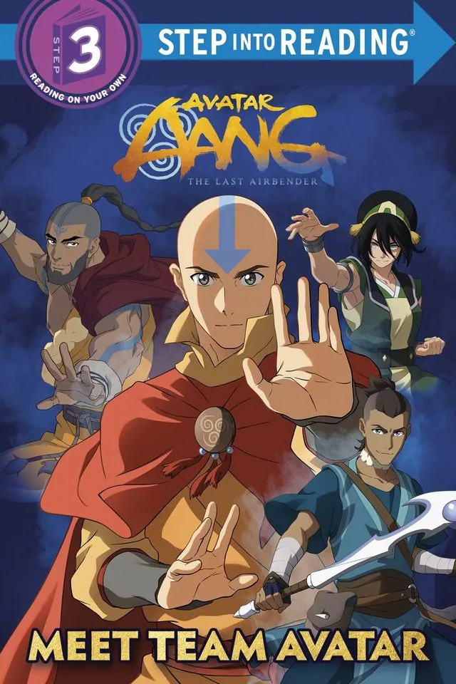 Cover of Meet Team Avatar (Step into Reading, Avatar Aang: The Last Airbender): adult Aang with Katara, Sokka, Toph and Zuko