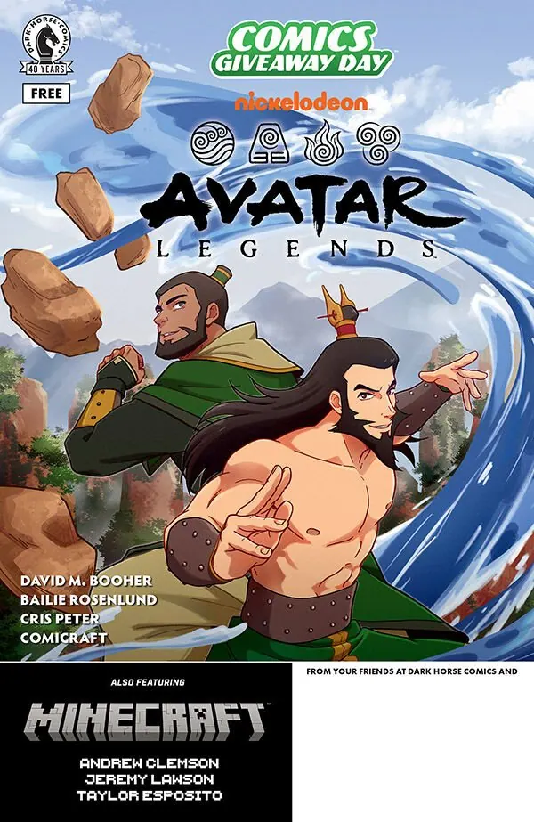 Cover of Comics Giveaway Day 2026 All Ages: Avatar Legends / Minecraft flip book (May 2, 2026), featuring Bumi with flying boulders